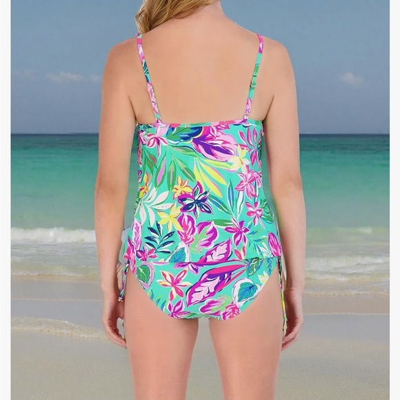 Green and Pink One Piece Swimsuit with Lace-Up Detail - Picture 4 of 4